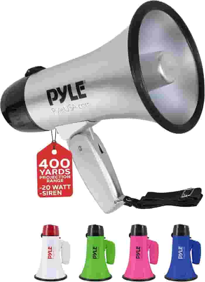 Bullhorn portátil para alto-falante Megafone – Compacto e operado com bateria de 20 watts, microfone, 2 modos, som PA e alça dobrável para líder de torcida e uso policial – Pyle PMP23SL (prata)