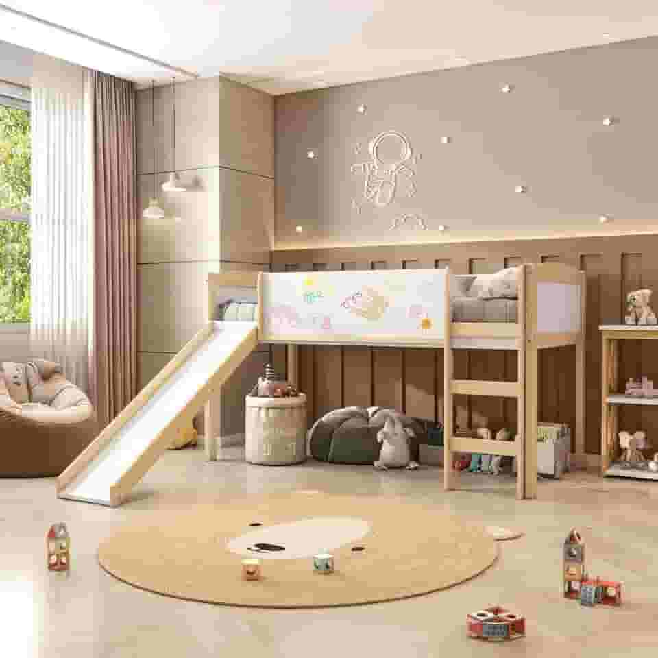 Cama Alta com Escorregador e Lousa Madeira Maciça/mdf Exclusive Casatema Branco/natural