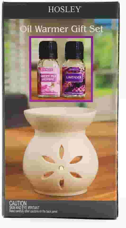 Hosley Aquecedor de óleo de cerâmica branca com 2 conjuntos de óleo de aquecimento de 10 ml, use com velas ideais para spa e aromaterapia, use óleos essenciais e óleos de fragrância da marca