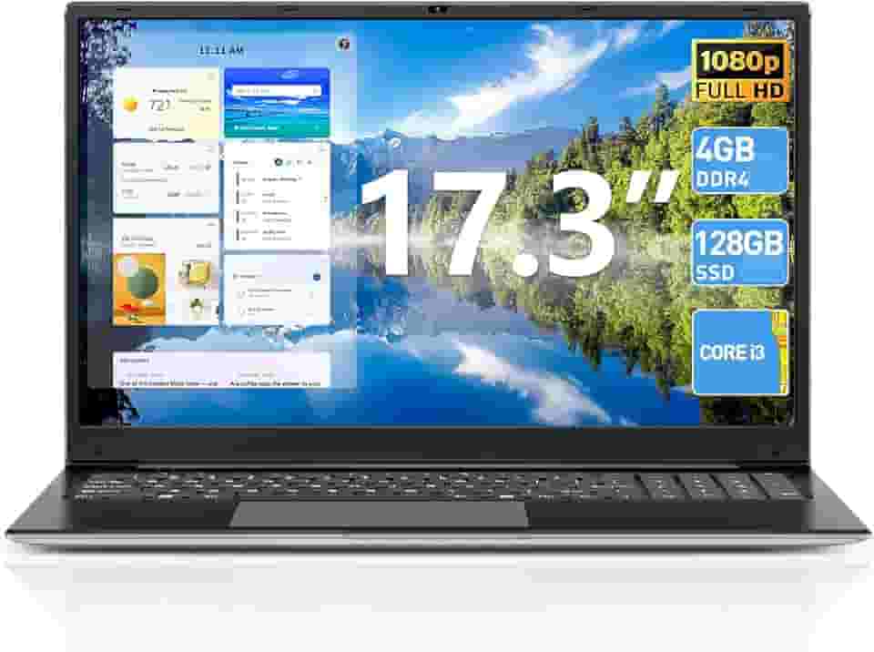 Naclud Laptop de 17,3 polegadas, laptops Windows 11 com processador Celeron I3, SSD DDR3 de 4 GB de 128 GB, bateria de 60800 mWh, tela IPS FHD, Tipo-C, HDMI, WiFi 5G, BT4.2, para negócios e estudantes