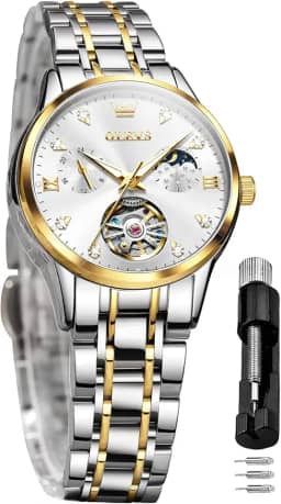 Relógio Automático Feminino De Luxo Com Diamantes, Corda Automática, Pulso, Fases Da Lua, Aço Inoxidável, À Prova D'Água, Luminoso, Branco