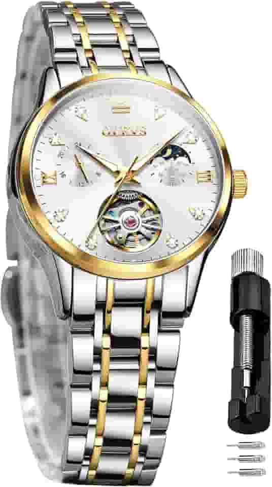 Relógio Automático Feminino De Luxo Com Diamantes, Corda Automática, Pulso, Fases Da Lua, Aço Inoxidável, À Prova D'Água, Luminoso, Branco