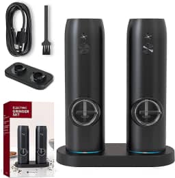 Conjunto de moedor elétrico de sal e pimenta, moinho automático de sal e pimenta recarregável com base recarregável, cabos USB, moinhos de granulometria ajustável, operação com uma mão, luz LED (conjunto de moedores carregados via USB)