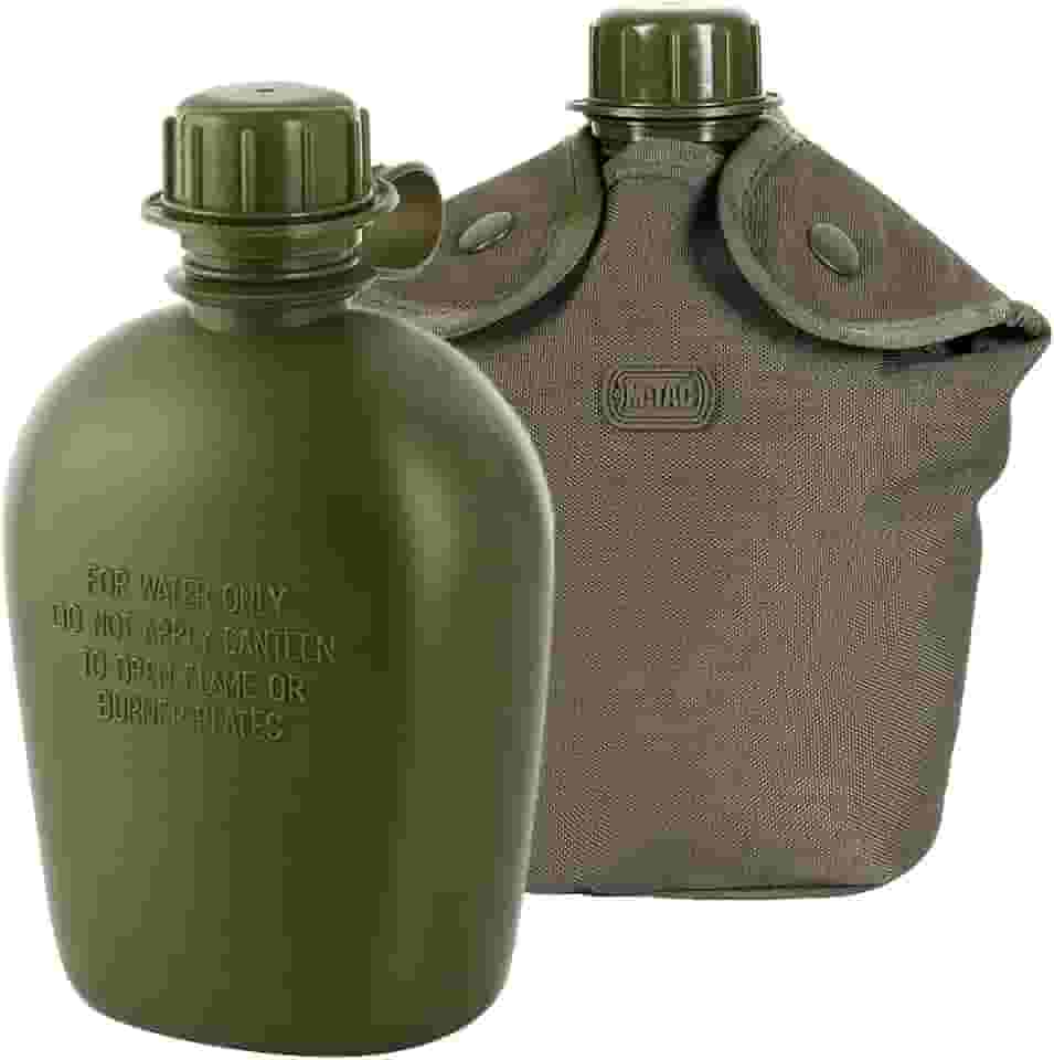 M-Tac Garrafa de água e tampa para cantina - Kit de cantina de água de 1 litro (1 litro) - Bolsa de garrafa de água MOLLE para caminhadas militares e acampamento (azeitona)