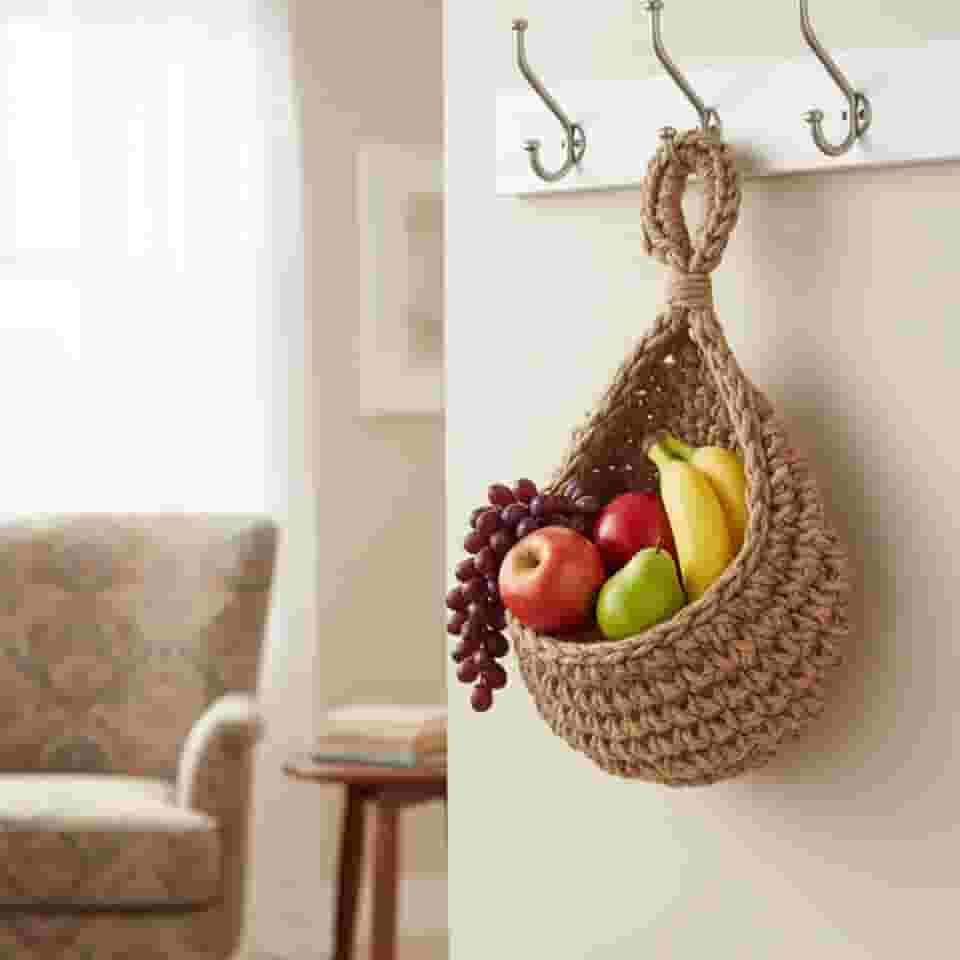 Cesto de frutas Boho para pendurar na parede — organizador de produtos de parede para pendurar na parede, despensa de cozinha, armazenamento de parede para casa