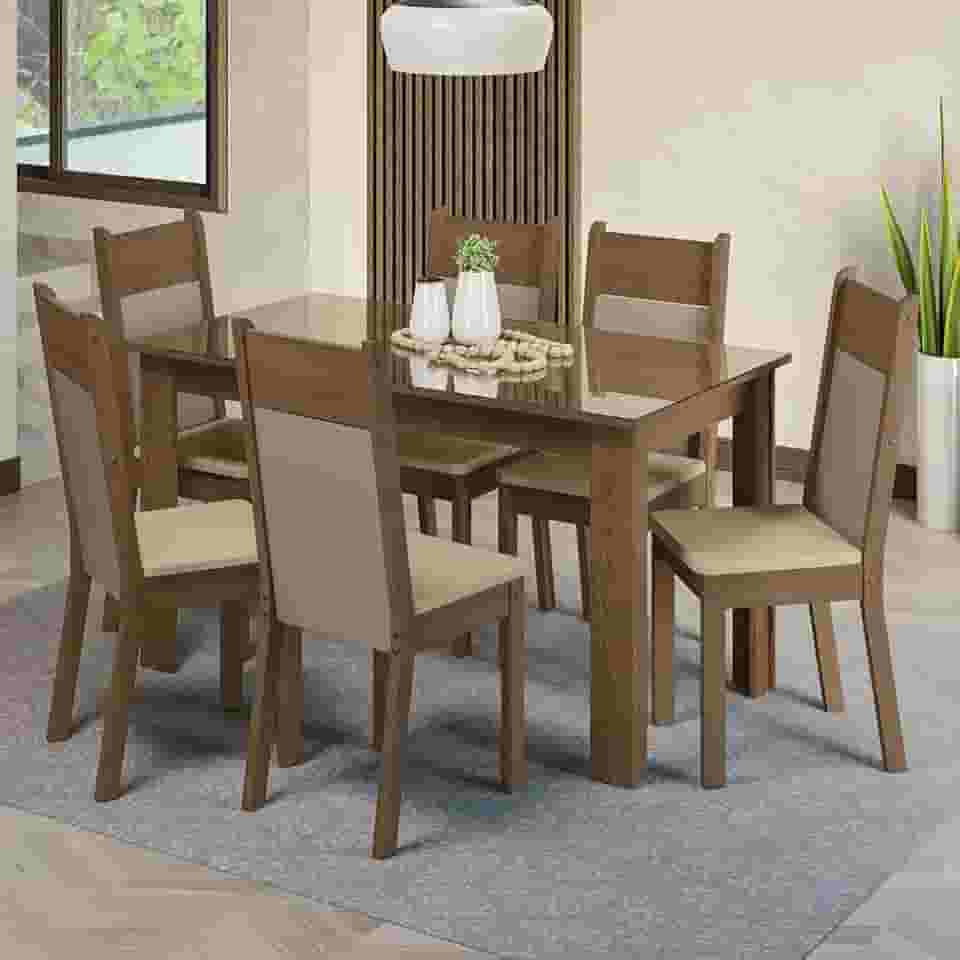 Conjunto Sala de Jantar Mesa Tampo de Vidro 6 Cadeiras Rustic/crema/bege Dora Madesa