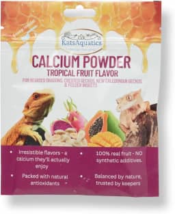 Pó de cálcio - sabor de frutas tropicais - para lagartos, dragões barbudos, lagartixas de crista e insetos alimentadores. Nutritivo, 100% natural, saboroso