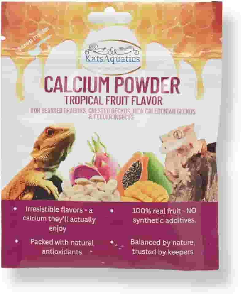 Pó de cálcio - sabor de frutas tropicais - para lagartos, dragões barbudos, lagartixas de crista e insetos alimentadores. Nutritivo, 100% natural, saboroso