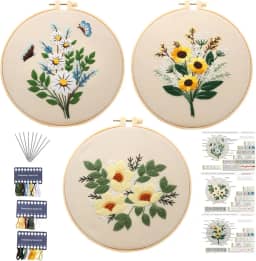 Kit de bordado para iniciantes, kits de ponto cruz para adultos, artesanato, 3 peças, padrão de bordado, tecido de bordado, linha e agulhas, 1 argola de bordado, kit de costura para adultos