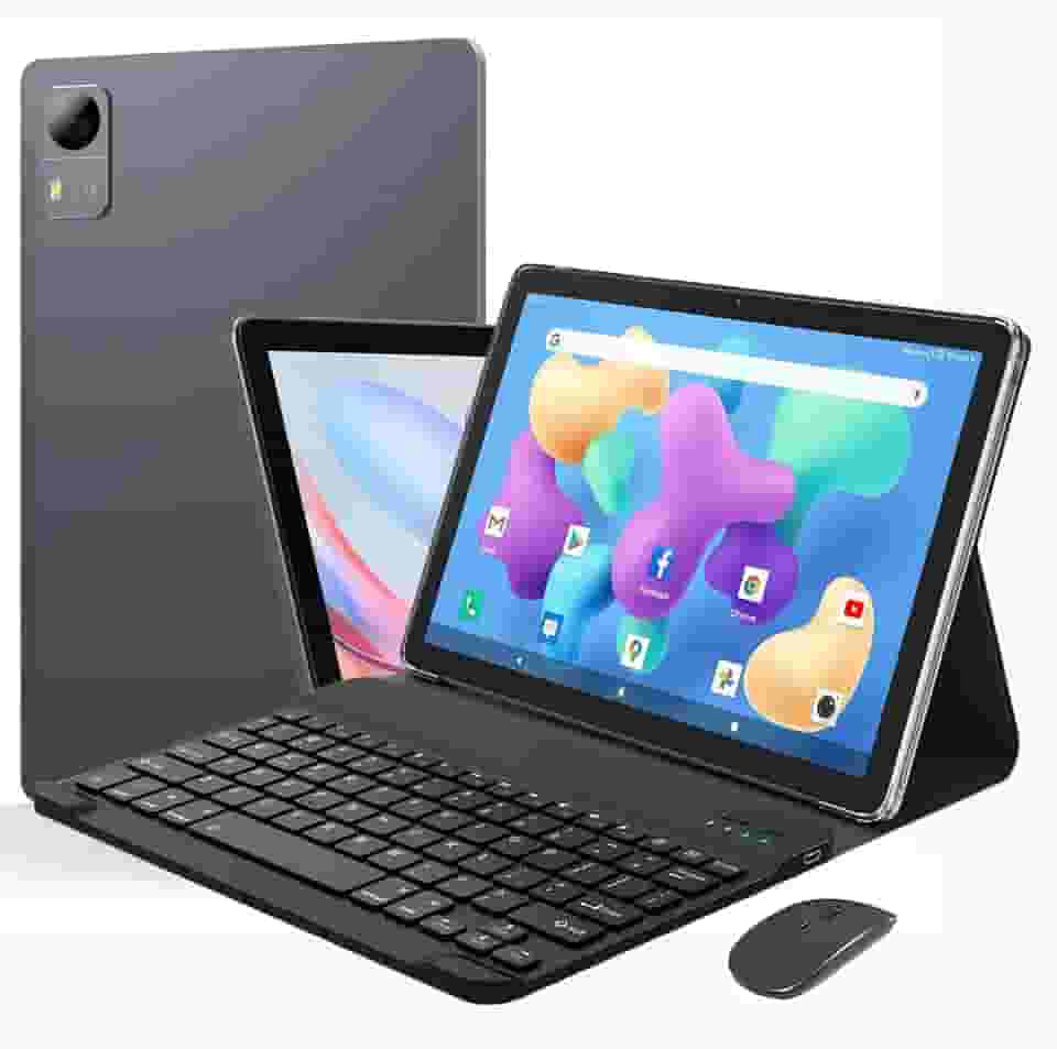 10,1 Polegadas Tablet com Caso, Teclado e Mouse, Android 12 Tablet, 6GB RAM + 128GB ROM, WiFi, Bluetooth, 6500mAh, Cinza