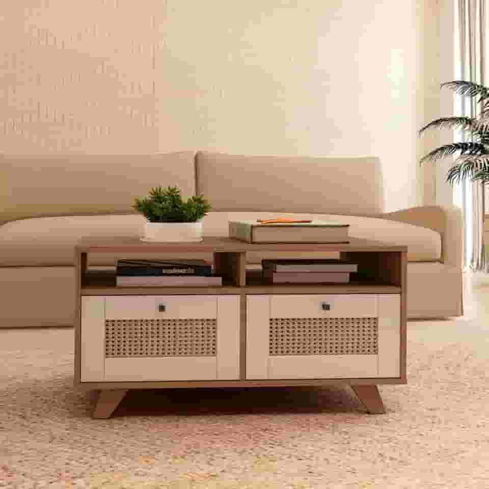 Mesa de Centro Trama 2 Gavetas 2 Prateleiras Cinamomo/Off White