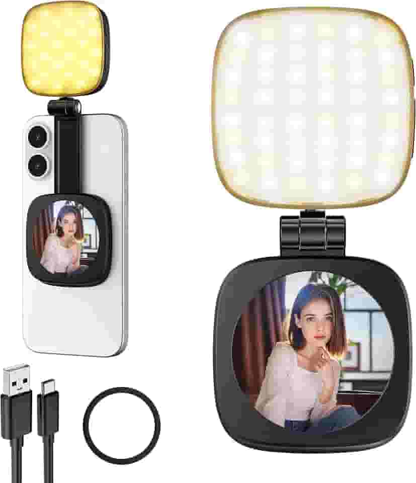 Cocobeen Luz magnética de selfie para telefone: 5 modos de LED com espelho compatível com iPhone e Android - Luz de preenchimento portátil recarregável para fotografia/gravação de vídeo/conferência