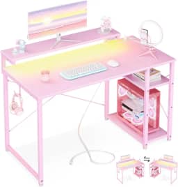 MOTPK Mesa de jogos rosa com luzes LED e tomada, pequena mesa de computador para jogos de 101 cm com prateleiras, mesa reversível para jogadores com suporte ajustável para monitor e gancho para fone