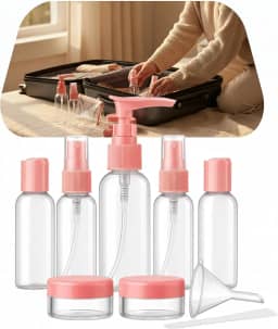 Kit Frascos de Viagem 9 Peças com Necessaire Frascos Silicone Reutilizáveis para Shampoo Condicionador Sabonete Creme Alcool em Gel Maquiagem Cosmeticos Avião Nacional e Internacional (Rosa)