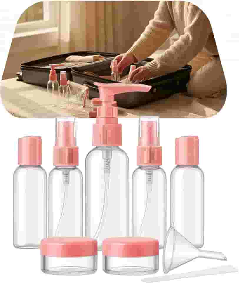 Kit Frascos de Viagem 9 Peças com Necessaire Frascos Silicone Reutilizáveis para Shampoo Condicionador Sabonete Creme Alcool em Gel Maquiagem Cosmeticos Avião Nacional e Internacional (Rosa)