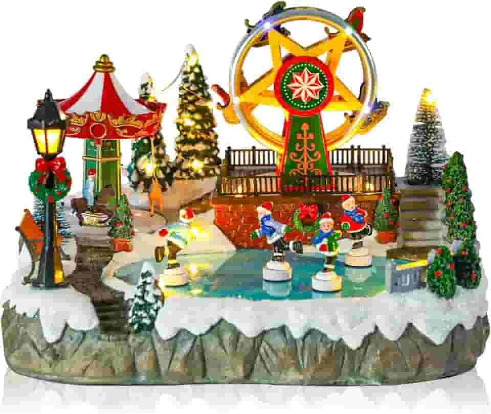 MUMTOP Parque de diversões Christmas Village com patinadores em movimento, carrossel animado iluminado e roda-gigante com música para decoração de mesa de Natal em ambientes internos