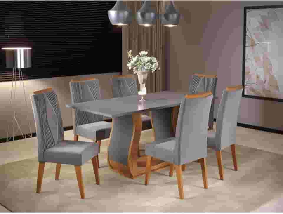 Mesa de Jantar Retangular Vitalic com 6 Cadeiras Madeira Maciça Vegas Mel/Cinza Brilho/Grafite
