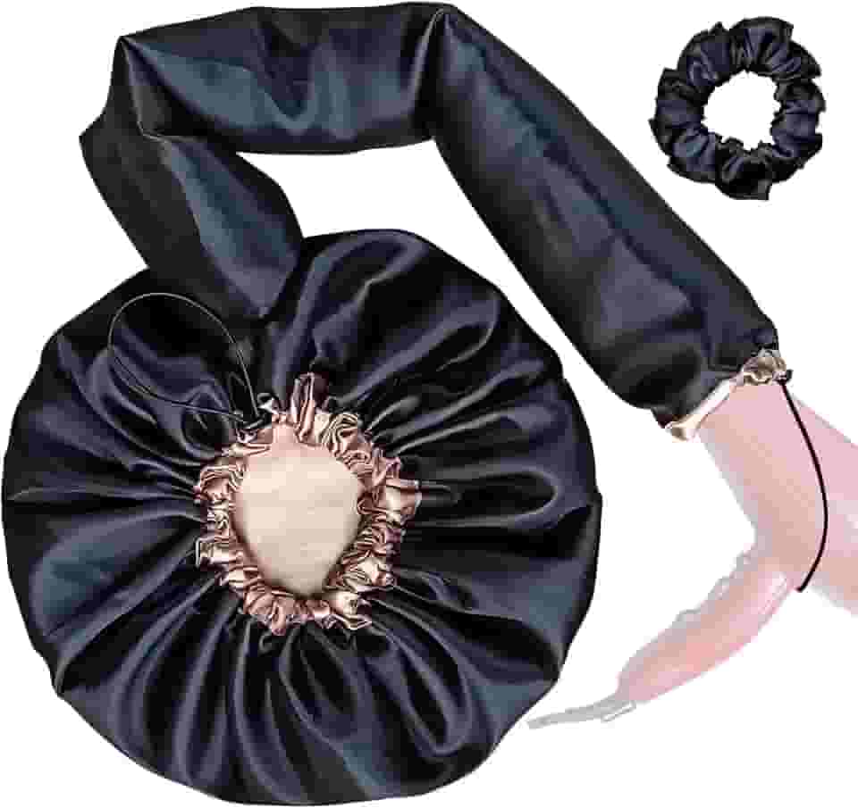 Touca Difusora Cetim Dupla Face Secadora Anti-frizz Seda (Preto/Champagne)