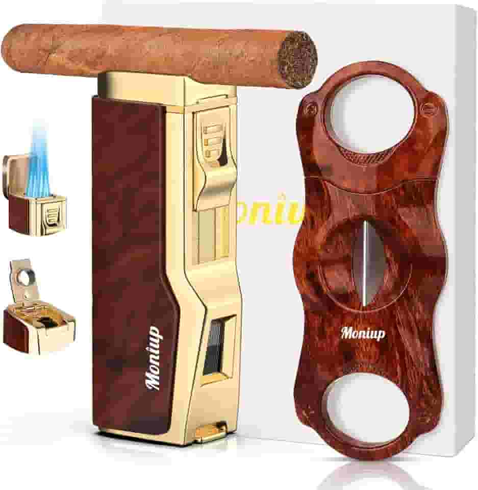 Moniup Conjunto De Isqueiros Para Charutos Com Cortador Em V, Chama Quádrupla À Prova Vento, Furador E Suporte, Kit Acessórios 4 1, Caixa Presente O Natal, Maçarico Recarregáveis A Butano Fumar