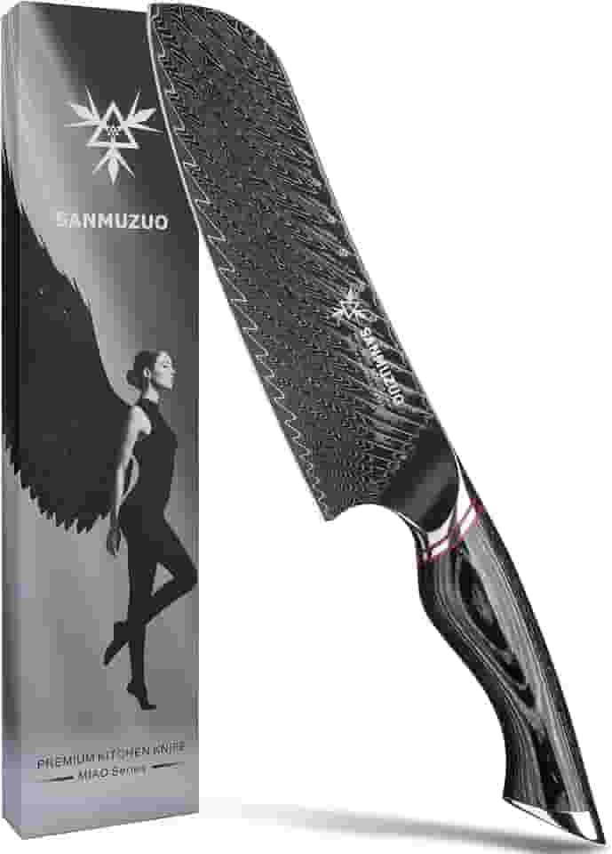 SANMUZUO Faca Santoku Japonesa de 18 cm - Faca do Chef - Aço Damasco Preto com Cabo Ergonômico - Série Miao