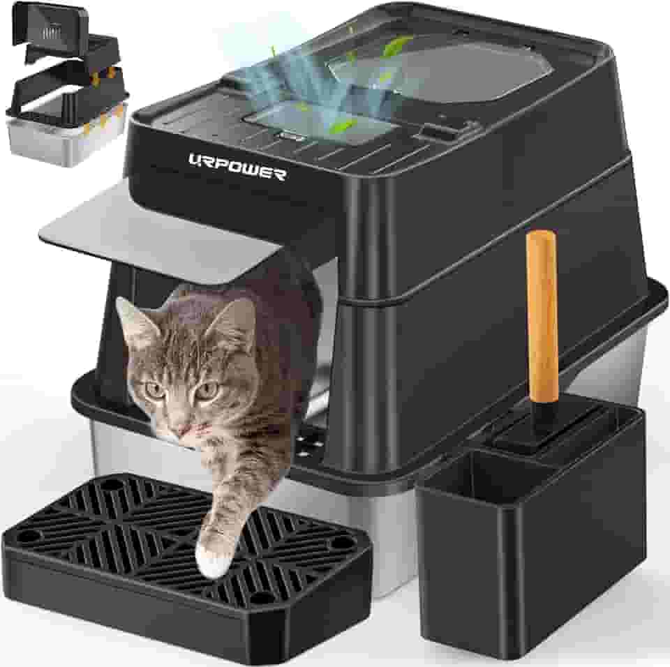 URPOWER Caixa de areia para gatos de aço inoxidável com tampa 110° Flip-Top caixa de areia fechada extra grande panela de metal não pegajosa com face alta e colher, sem odor, entrada frontal e