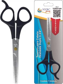 Tesoura Para Cabelo Desbaste Simples NYBC Beauty - 6 3/4' - 175mm, Preta, Leve e Eficiente, Para Uso Doméstico e Profissional