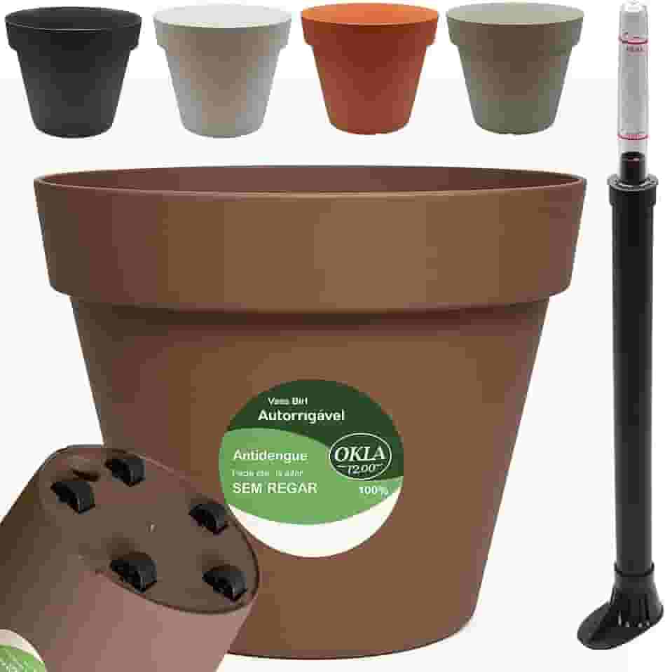 Kit Vaso Bari Autoirrigável com Rodas e Indicador de Nível de Água – Antidengue, Até 15 Dias Sem Regar, Praticidade Total, Economia de Tempo e Água, Sustentável (Tabaco)