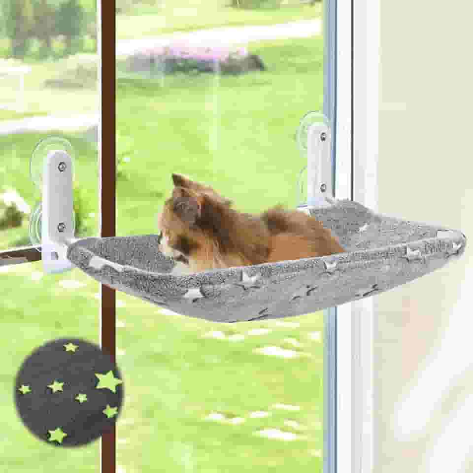 Zoratoo Poleiro De Janela Para Gatos, Cama De Rede Dobrável Sem Fio Que Brilha No Escuro Para Gatos Com Estrutura De Metal Resistente, Assento De Descanso De Janela Com Padrão De Estrelas Brilhante