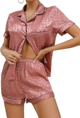 Conjunto de pijama feminino, 2 peças, cetim de seda, rosa, abotoado, manga curta, roupa de dormir