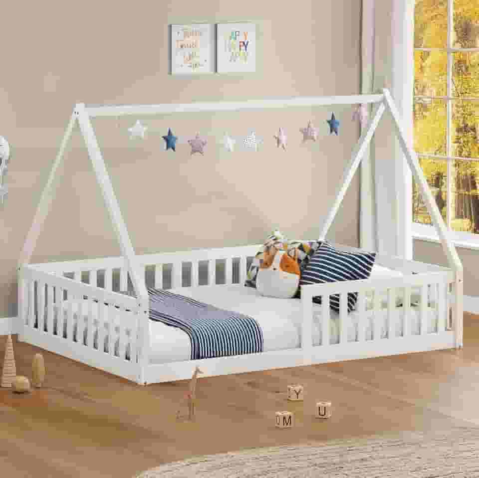 IDIMEX Cama Viúva Infantil Montessori Branco Madeira Casa com Estrado Stella