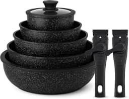 UCC Life Conjunto de Panelas 7 Peças Revestimento Granito Preto Alças Removíveis Compatível com Todos os Fogões