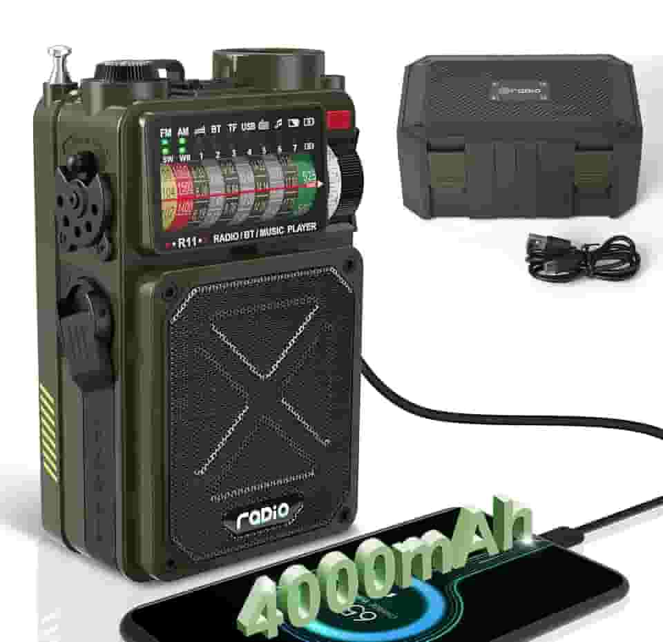 Emgykit Rádio de manivela de emergência R11 - 4000mAh/14800mWh NOAA/SW/AM/FM, carregamento solar/manivela/USB, receptor Bluetooth/reprodução USB/TF, com bússola, lanterna, SOS para acampamento e