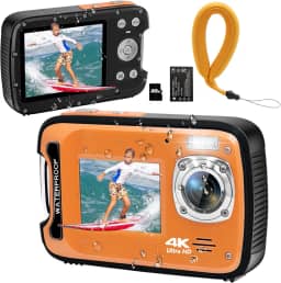 YEEIN Câmera subaquática 4K 48MP autofoco selfie tela dupla à prova d'água com alça flutuante e cartão de 32 GB, câmera digital compacta à prova d'água de 17 pés para mergulho com snorkel