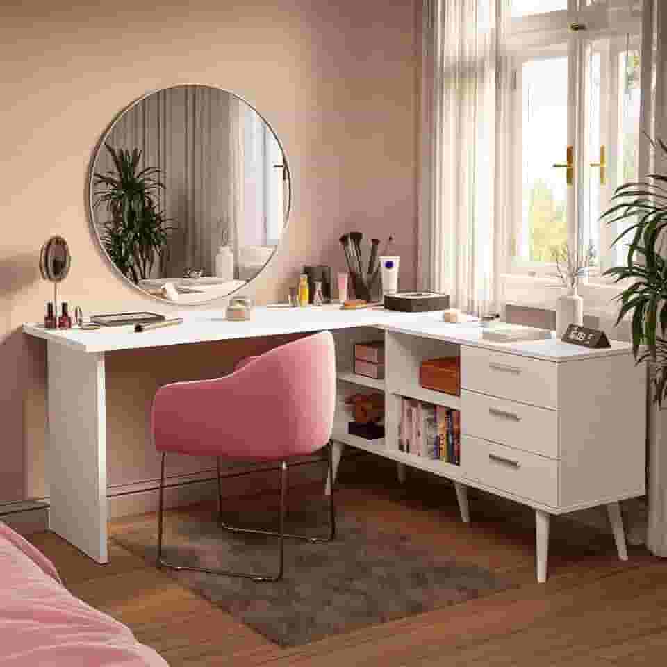 Escrivaninha Penteadeira de Canto 3 Gavetas Branco Madesa