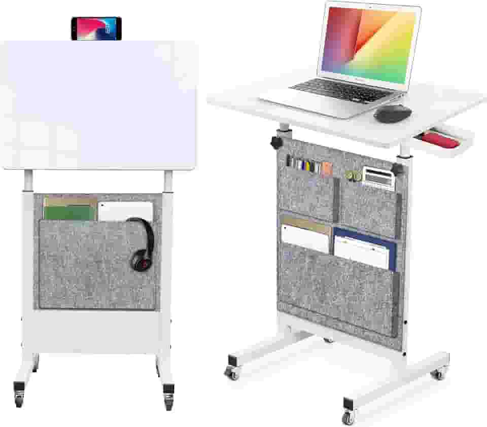 KOUPA Mesa de pé de altura ajustável, mesa de vidro temperado gravável com borracha, flip de 360°, rodas e bolsa - ideal para espaços pequenos e escritórios domésticos, 61 cm, branco (altura