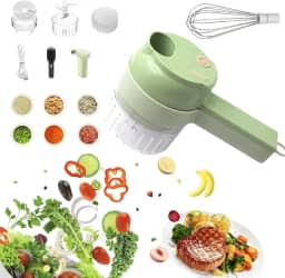 Cortador de vegetais sem fio portátil multifuncional – Processador elétrico de alimentos 4 em 1 para cortar, fatiar, ralar e bater, com escova de limpeza e cabo de carregamento
