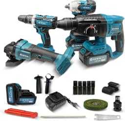 Parafusadeira e Furadeira 4 em 1 com 2 Baterias Kit Ferramentas Completo 21V Inclui Furadeira Elétrica Chave de Impacto Esmerilhadeira e Martelo Rotativo 110V/220V com Acessórios