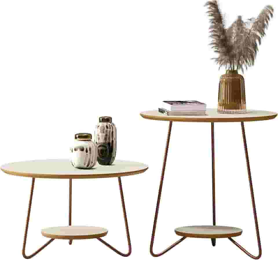 Conjunto 2 Mesa De Centro E Canto Lateral Liz Sala Sofá (Off White Freijó)