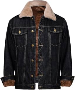 Jaqueta jeans masculina regular e de lã, botões rasgados com gola de pele removível