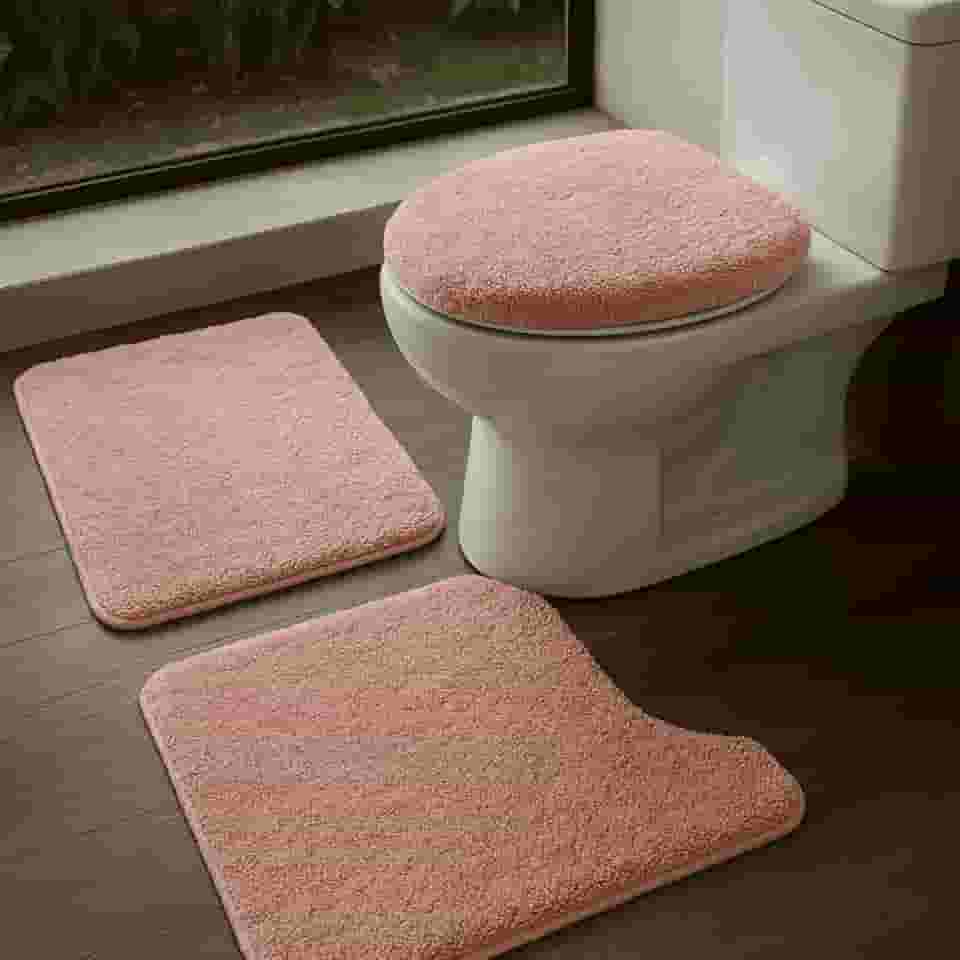 Jogo de Tapetes Antiderrapantes para Banheiro - Conjunto com 3 Peças em Algodão - Elegância e Segurança (Rosa)