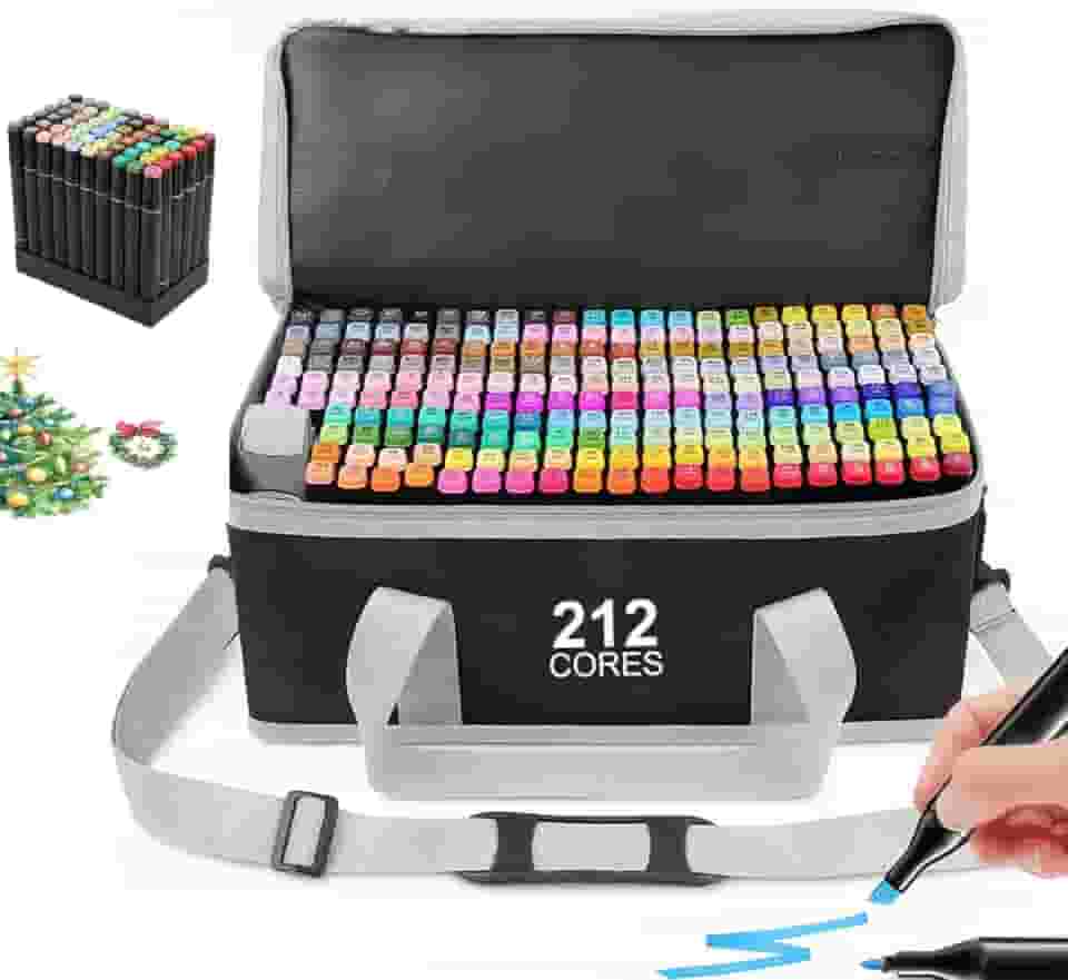 212 Cores Marcadores para Colorir com Estojo para Transporte, Caneta touch para Colorir Caneta para desenho profissional Escolar canetinhas Ponta Dupla para Crianças e Adultos, Álcool, Ilustração