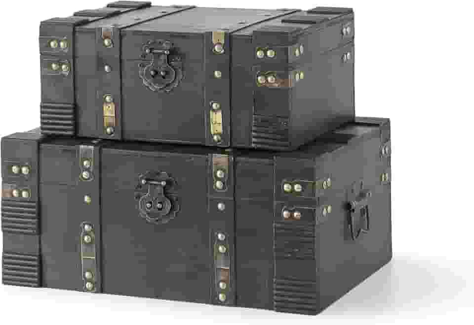 Soul & Lane Caixas de madeira com tampas articuladas – Conjunto de 2, baús decorativos para armazenamento e decoração de casa, baús de tesouro de madeira antiga marrom escuro para lembranças