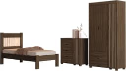 Jogo de Quarto Bela com Roupeiro, Cômoda e Cama Solteiro. (Chocolate)