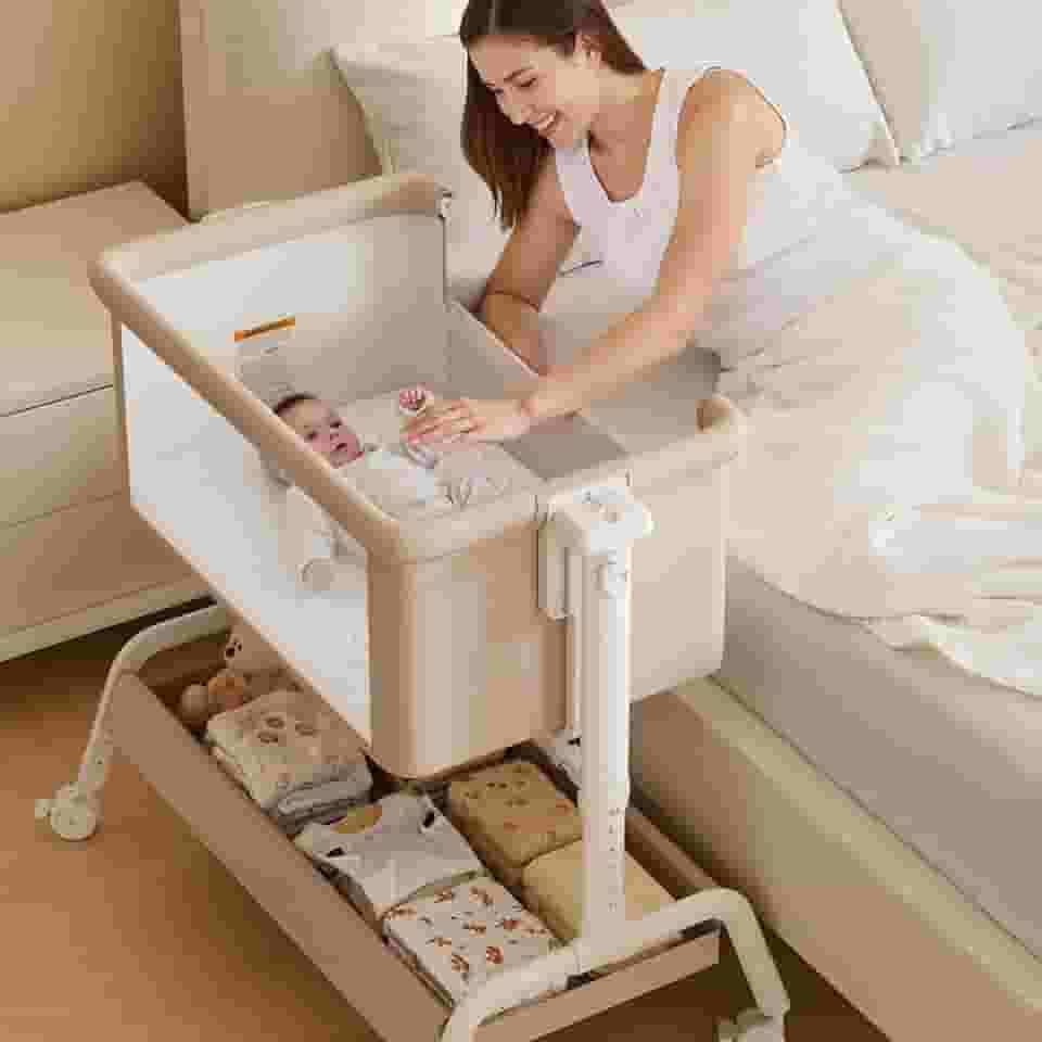 Berço de bebê 3 em 1, berço de balanço, berço de cabeceira para bebê, berço estável e seguro para recém-nascidos e bebês, 6 alturas ajustáveis com rodas, colchão e malha respirável (Cáqui)