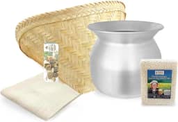 PANWA Conjunto essencial de arroz pegajoso para iniciantes - inclui panela a vapor, cesta de asa de bambu artesanal, gaze de grau 90 de 61 cm e 500 g de arroz pegajoso Sanpatong