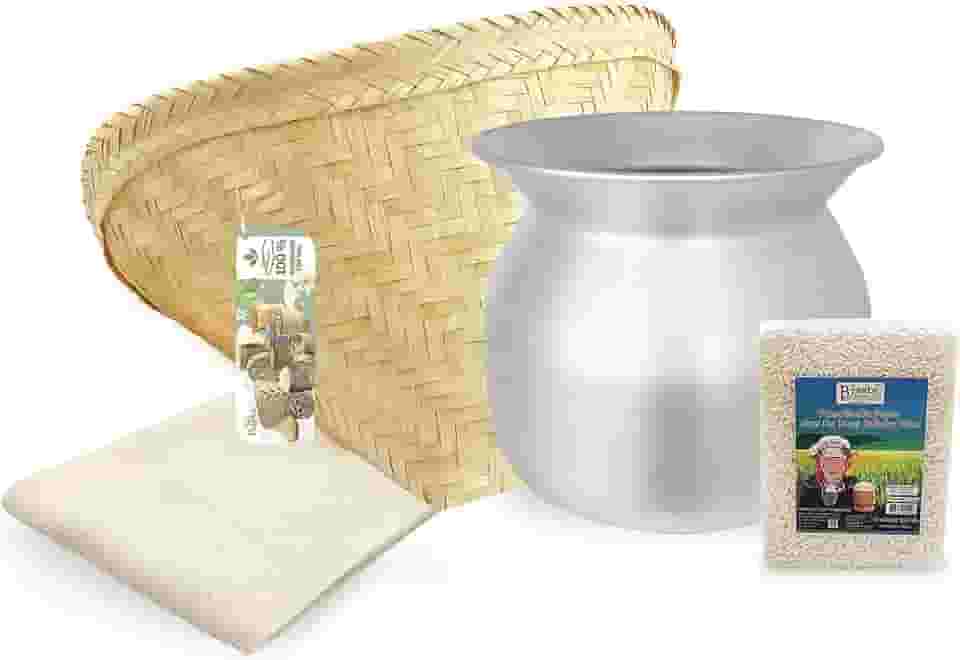 PANWA Conjunto essencial de arroz pegajoso para iniciantes - inclui panela a vapor, cesta de asa de bambu artesanal, gaze de grau 90 de 61 cm e 500 g de arroz pegajoso Sanpatong