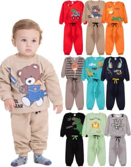 Kit Sortido 4 Peças Moletom Peluciado Menino Bebê Inverno - 2 Conjuntos Moletom Masculino Infantil Flanelado para Frio
