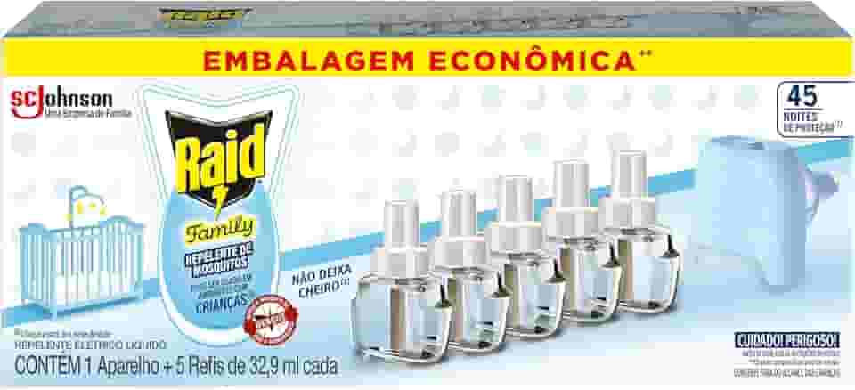 Raid Repelente Eletrico Líquido Family, 45 Noites, 5 Refis de 32,9ml