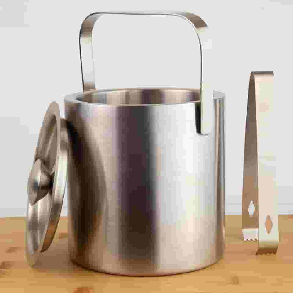 Balde de Gelo Aço Inox 1,3L MR1128 Parede Dupla Com Pegador Tampa Alça