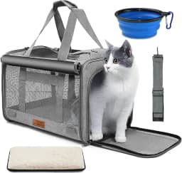 Bolsa Caixa de Transporte para Gatos Cachorros Pet Avião C/Proteção de Privacidade Tigela Dobrável e Almofada Até 11kg 45×30×30cm